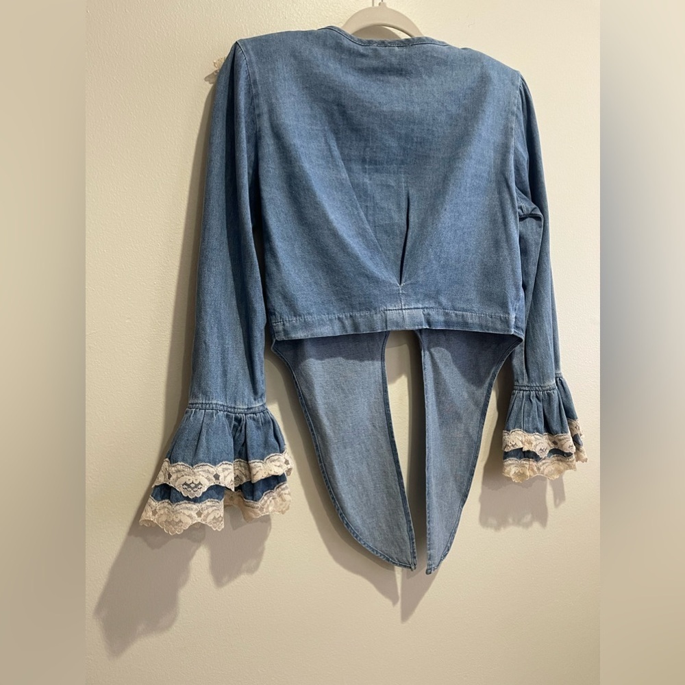Vintage Long Sleeve Denim Button downTie Front Crop with Ruffle white Mesh Trim - Picture 3 of 6